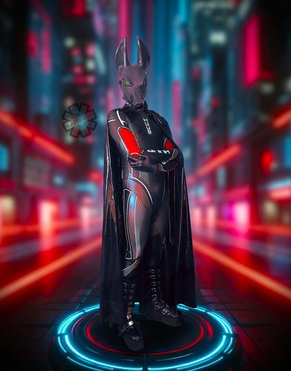 Surrounded by red and blue lights, a shiny rubber wetsuit Jackal with latex cape stands atop an illuminated plinth, arms crossed, his green eyes gazing towards you.