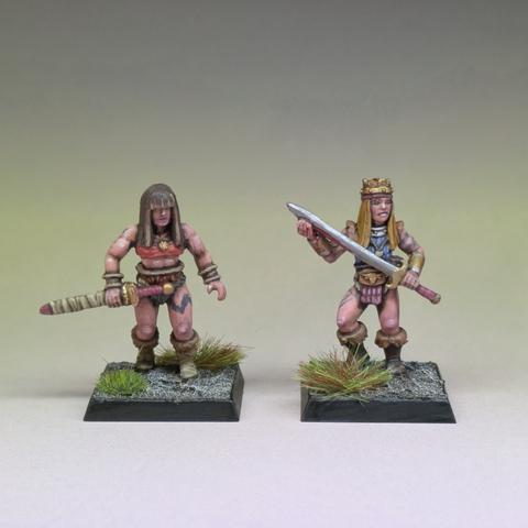 2 femme miniatures of buff ladies with swords