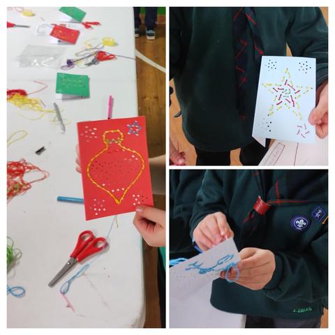 A 3-panelled square photo collage, the left side all one narrow image, the other two square images.
All three photos are close up views of young hands in the process of sewing cards, or holding sewn greetings cards towards the camera. The largest panel shows a table covered with scissors, thread and pens out of focus in the background. You can see glimpses of their Cub Scout uniform in 2 of the photos, with their neckers and woggles. None of them show their faces.