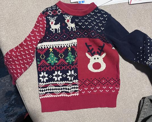 Weihnachtspulli von Next, blau, rot mit Tannenbäumen und Rentieren