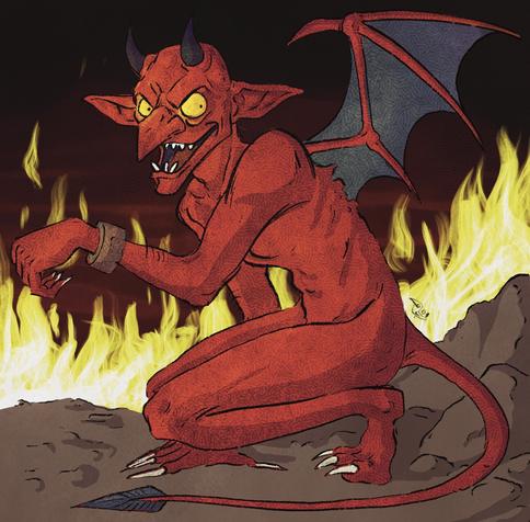 An illustration of a thin red demon with bulging yellow eyes and black wings, agains a backdrop of fire