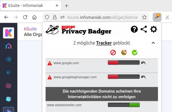 Screenshot kSuite - Infomaniak in Firefox-Browser mit geöffneter Anzeige des Privacy-Badger, der zwei Tracker anzeigt (www.google.com und www.googletagmanager.com)