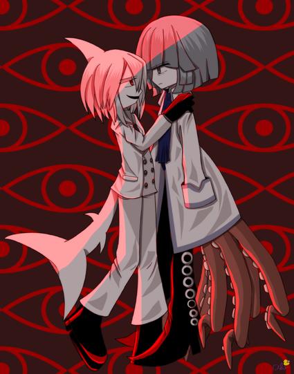 Syakesan and Fukami stood face to face with Syakesan's hand on Fukami's shoulder. Background of red eyes on a dark mauve background.
