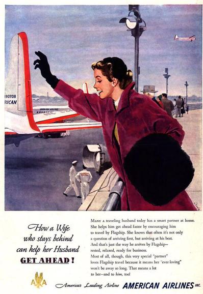 A stylish 1950s illustration shows a woman standing on an airport observation deck, waving enthusiastically as an American Airlines airplane prepares for departure just below her. She wears a deep red coat, black gloves, and carries a large black fur muff. Her expression is warm and hopeful, leaning slightly forward as if trying to catch her husband’s final glance. Below, two uniformed American Airlines ground crew walk across the tarmac near the gleaming aircraft with red-striped tail markings. In the distance, another plane climbs into a soft blue sky. The lower portion of the image contains ad copy celebrating the idea that a wife at home can help her traveling husband “get ahead” by encouraging him to fly American’s Flagship service. The overall mood is nostalgic, polished, and full of mid-century optimism about air travel.