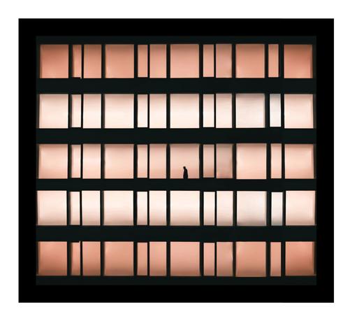 A photo of a silhouette of a person in the middle window of a multi-story building. The windows are arranged in a grid pattern with a gradient of warm, peach-colored glass. The person's silhouette is black against the glowing windows.