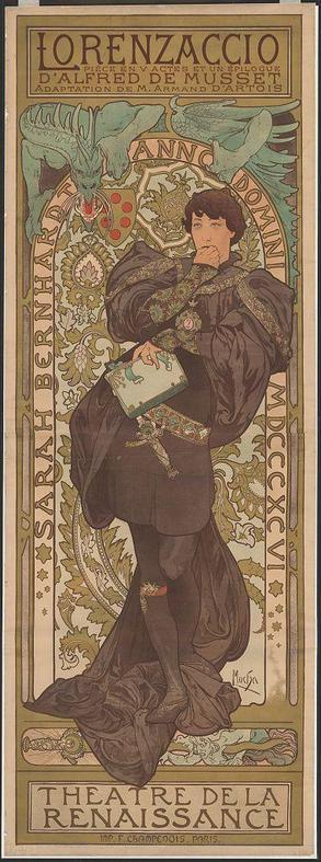The image depicts an ornate poster for a theatrical performance titled "Lorenzaccio," featuring Sarah Bernhardt. The design is reminiscent of Art Nouveau, with flowing lines and intricate patterns that create a sense of movement and elegance.

In the central portion of the poster, there's a portrait of Alfred de Musset, holding what appears to be an open book or manuscript in his hands. He is dressed in dark-toned clothing adorned with gold accents and ornate jewelry, exuding an air of sophistication and drama. Above him, large decorative text reads "Lorenzaccio" along the top edge.

The background features a rich tapestry of colors and intricate motifs that include floral patterns, foliage, and stylized figures which contribute to the overall artistic style. The bottom part of the poster includes additional information about the play, stating it's an adaptation by M. Armand d'Artois from Alfred de Musset's work "D'alfred de musset" (Anno Domini MDCCCXCVI 1896). At the very bottom in smaller print is a note indicating that this was printed at F. Champenois, Paris.

Overall, the poster combines elements of illustration and typography to create an evocative visual representation intended to attract potential theater-goers with its striking design and prominent depiction of Sarah Bernhardt as the star performer.