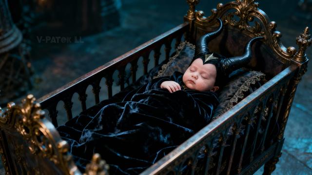 Baby Maleficent in a cot