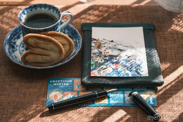 Coffee, postcard, stamp, fountain pen(pilot)