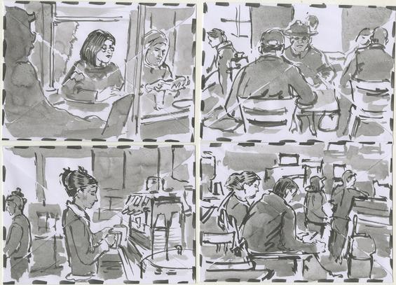 4 drawings on envelopes with ink wash. They depict people in coffee shops.