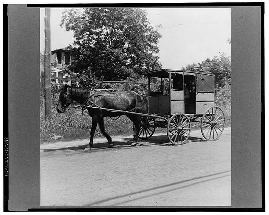 The black and white photograph captures a historical moment featuring a horse-drawn carriage on what appears to be an unpaved road. The horse, adorned with blinders for guidance or protection against distractions, is harnessed and attached to the wagon via yokes. The vehicle has large wheels typical of 19th-century design, suggesting it was used for transportation over various terrains during that era.

The carriage's bodywork seems rudimentary, possibly made from wood, with an open door indicating a non-enclosed space inside. A sign or label on the side reads "350," which could denote passenger capacity, price, route number, or perhaps even a company identifier.

In the background, modest houses and lush trees create a rural setting under a clear sky. The absence of modern vehicles or infrastructure reinforces the historical context of the image.