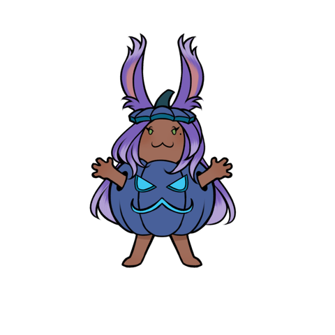 Digital art of a little chibi character in a jack-o-lantern. The character has tan skin and is a viera from final fantasy 14 with lavender purple long hair and rabbit ears with pale tips. The character has a beauty mark by their eye and is making a smug cat-like face, as is their jack-o-lantern, which is blue.