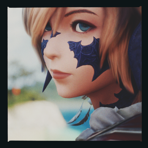 an image of an au ra woman from the hit massively multiplayer role playing game final fantasy 14. she looks towards the camera with a tranquility in her eyes. behind her lays a quiet shore, a place where the land gently meets the sea. a place of great meaning and comfort, as a poetic yet earthen representation of what she shares with someone deeply important to her