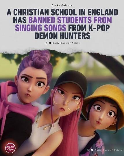 A Christian school in England has banned students from singing songs from K-Pop Demon Hunters.
(Image of the girls from Huntrix staring intently.)