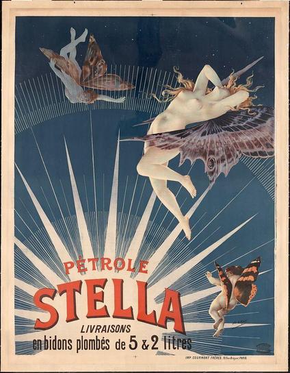 The image depicts an advertising poster for Petrole Stella, a petroleum brand that offers oil in metal cans of 5 and 2 liters. The design features three fantastical figures floating against a dark blue background with white streaks radiating outward. On the left side is a figure resembling a fairy or nymph with brownish wings made from butterfly or moth patterns, seemingly suspended in mid-air. In the center is another nude female form lying back on its head with flowing golden hair and pale skin, appearing to be caught between moments of repose and transformation. To the right is an angelic cherub figure also with butterfly-winged extensions, hovering above as if partaking in a celestial dance or journey.

The artwork has a surrealistic quality, blending elements of human anatomy with nature-inspired forms such as wings from insects like butterflies and moths. The text "PETROLE STELLA" dominates the poster's center and is presented in bold red letters outlined by white outlines, making it highly readable against the contrasting background. Additional information includes the oil company's name in French, which reads "LIVRAISONS en bidons plombés de 5 & 2 litres," indicating that they provide deliveries of oil in metal cans with a capacity of 5 and 2 liters.

The artist for this work is H.Gray, credited at the bottom right corner. The poster was published by Courmont Freres located on Rue des Brigues Paris, as stated at  [...]