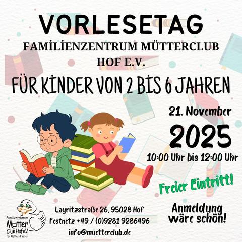 Einladungsplakat des Mütterclub Hof zum Vorlesetag 2025