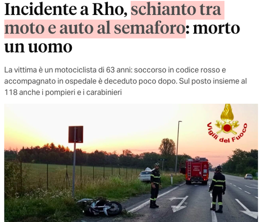 Milano, 'schianto tra moto e auto al semaforo' forse l'auto ha tamponato la moto ma non si sa, palo della luce abbattuto ma nessuna domanda sulla velocità [*Come i giornali e i giornalisti raccontano gli scontri stradali*]