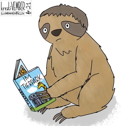 Digitale Zeichnung: ein Faultier sitzt auf dem Boden, liest in einem Buch und schaut dabei ganz traurig. Der Buchtitel lautet "IM TIERPARK", vorne sind ein trauriger Elefant und eine traurige Giraffe hinter einem Zaun zu sehen. Im Buch erkennt man ein trauriges Tiergesicht hinter Gittern.