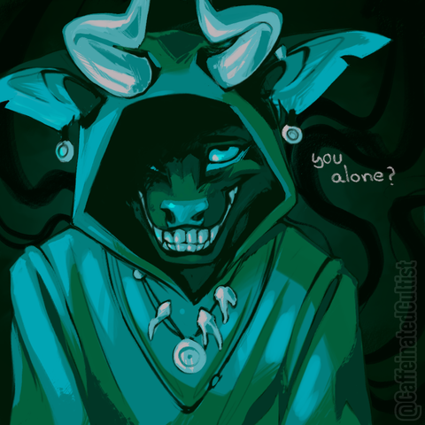 Digital art of a strange visitor at your door smiling directly at you, asking "you alone?" Art style inspired directly by the video game "No I Am Not A Human" using my character "Follower" who is organically inspired by biblically accurate angel interpretations. Eventually becoming the main Mascot for my commissioning business.

Artwork by, CaffeinatedCultist
Character belongs to, CaffeinatedCultist
No I am Not A Human belongs to, Trioskaz