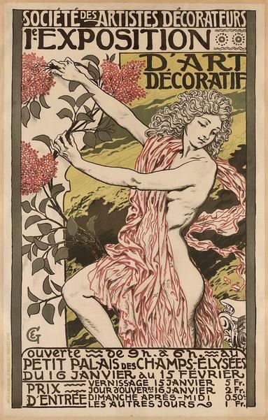 The image depicts an art nouveau exhibition poster featuring a nude female figure in the center, with curly hair and flowing red fabric wrapped around her body. She is depicted amidst flowers and foliage, suggesting a natural or pastoral theme. The text above reads "Société des Artistes Décorateurs" followed by "L'Exposition D'Art Décoratif," indicating that this poster promotes an exhibition for decorative artists organized by the Société des Artistes Décorateurs (Society of Decorative Artists). Additional information includes dates, times, and pricing details related to admission. The overall design is characterized by flowing lines, organic shapes, and a harmonious color palette typical of art nouveau aesthetics.