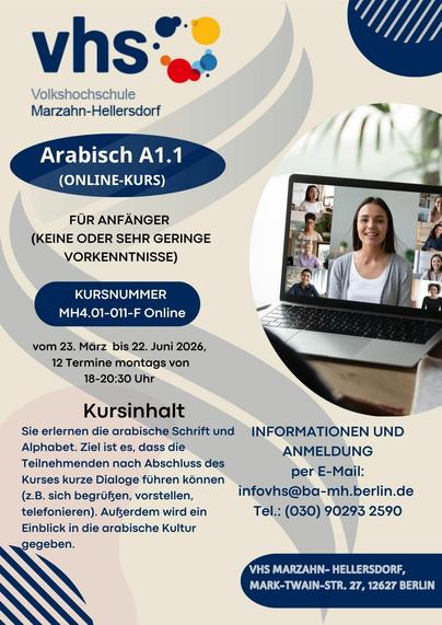 Kursangebot für Arabisch für Anfänger, ein Onlinekurs an der VHS Marzahn-Hellersdorf ab März 2026 - schon jetzt buchbar.