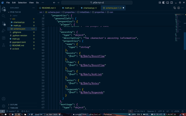 A view of the JSON schema for validating PF2E character information.
