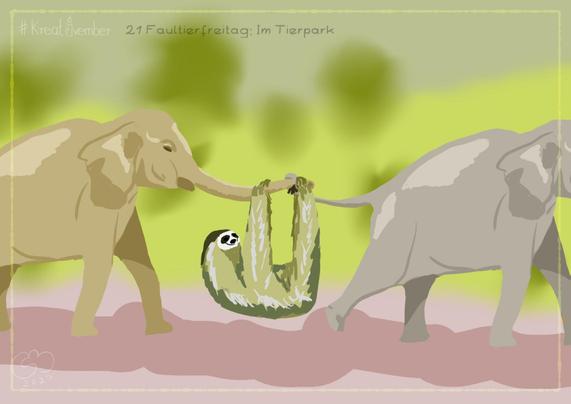 Farbige digitale Zeichnung. Zwei Elefanten laufen hintereinander. Dabei hält der hintere mit seinem Rüssel den Schwanz des vorderen fest, sodass Rüssel und Schwanz eine waagerechte Verbindung bilden. Daran hängt ein Faultier.