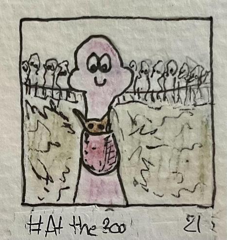 A cartoonish character with a large head and a smile is “wearing” a small animal in a pouch around hist waist, while standing with its back towards a zoo scene, where other characters, watching, can be seen in the background. The text "#At the zoo 21" is included at the bottom.
