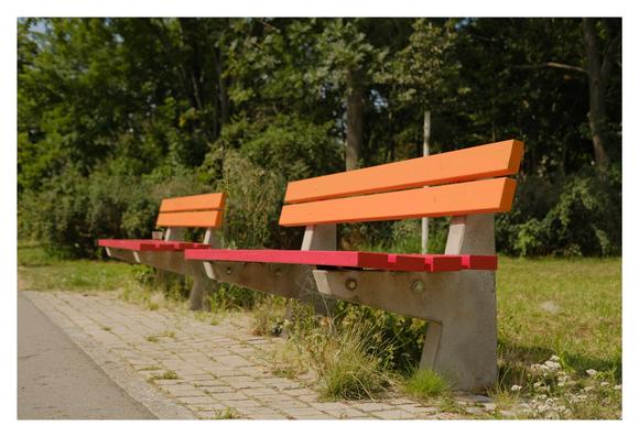 Zwei bunte Parkbänke mit orangefarbenen Rückenlehnen und roten Sitzflächen stehen auf einem gepflasterten Weg. Die Betonfüße der Bänke sind von Gras und Unkraut umwachsen. Im Hintergrund befindet sich eine grüne Wiese und dichter Baumbestand.