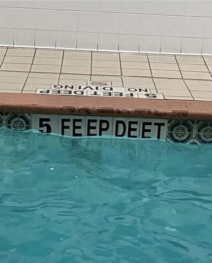 The tiled edge of an inground swimming pool, with the water in the foreground and the tiled floor in the background. Tiles along the floor surface, which appear upside down in the photo, read 5 feet deep. No diving.
Tiles just above the water level read 5 feep deet.
