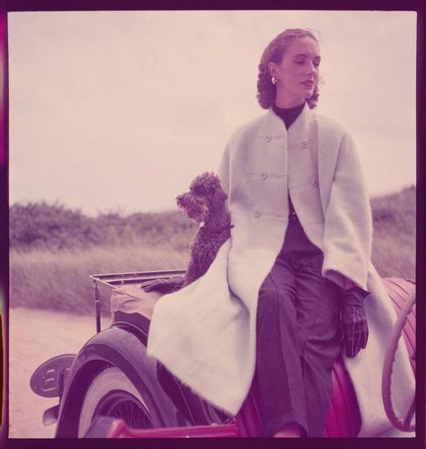 a woman sitting in a vintage car with her dog on the back seat, wearing gloves and a coat as well. she has short hair that is curled upwards at the ends. this image was taken by toni frissell for fashions magazine around 1951-1952