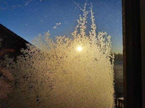 Fensterscheibe mit Reif von außen, durch den die Sonne scheint. Blauer Himmel.
