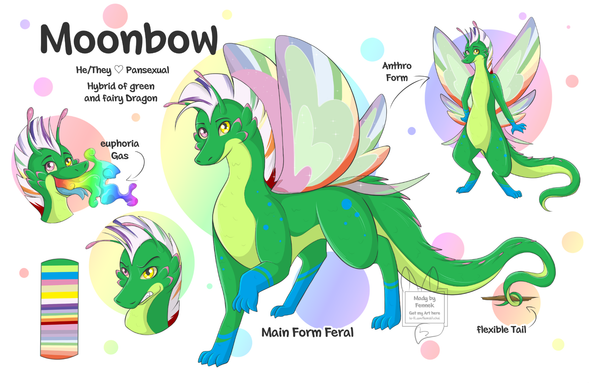 A colorful green Dragon with Butterfly wings in rainbow colors, white hair with rainbow stripes. Instead of Horns on the head if had butterfly feelers. The paws are blue and the eyes pink and yellow. One Headshot shows him with a big smile and rainbow Gas out of his month. The description says it is euphoria gas. The other Headshot shows him angry. In the other Corner you can see a Anthro Form of this Dragon. But Main is Feral. The Feral Form stays big in the middle.
The Description of the Dragon says: Moonbow - He/They - Pansexual - Hybrid of green and fairy Dragon.
The Background have colorful rainbow spots.