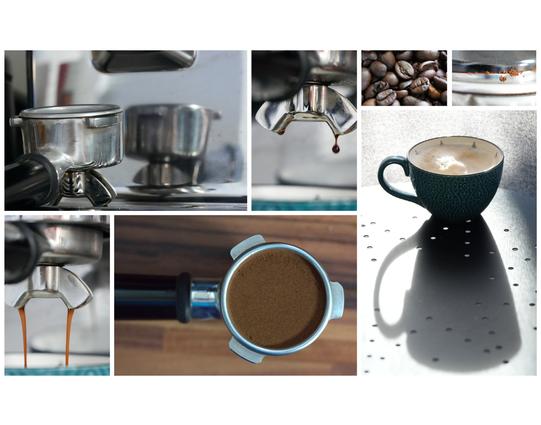 Collage aus 7 Bildern der Kaffee Zubereitung mit einer Siebträger Maschine. Die größten Bilder zeigen den leeren Siebträger, der sich in der Rückwand der Maschine spiegelt, den Siebträger mit Kaffee von oben aufgenommen auf der Arbeitsfläche, eine Tasse Cappuccino im Gegenlicht, die einen großen Schatten wirft. Auf den etwas kleineren läuft gerade der Kaffee aus dem durchzogen bzw löst sich gerade der letzte Tropfen vom Siebträger. Auf zwei ganz kleinen Bildern sind Kaffeebohnen und der Tamper mit etwas Kaffepulver bestäubt.