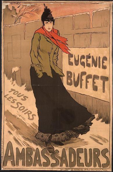 The image depicts an advertisement poster for a Parisian chanteuse named Eugénie Buffet, who is featured prominently in the center. She stands with her hands tucked into her pockets on what appears to be a snowy street at dusk or dawn. The artist has rendered her wearing traditional working-class attire: a green coat over a black skirt and leggings, complemented by a striking red scarf wrapped around her neck.
To her right is bold text that reads "EUGÈNIE BUFFET," with additional information beneath it stating "AMBASSADEURS" in larger letters. Beneath this main heading are the words "TOUS LES SOIRS," indicating performances every evening, and smaller print at the bottom states "Ambassadeurs." The poster is signed by Metivet in the upper left corner.
The visual style of the poster suggests an early 20th-century origin with its bold lines, flat colors, and dramatic contrasts. This type of artwork reflects a genre known as Art Nouveau or Modernisme, characterized by ornate decoration and flowing curves inspired by nature. The overall mood conveyed is one of urban sophistication and allure.
The specific date mentioned in the reference source [1893] indicates that this particular poster was created around 1893, placing it within a period when the Art Nouveau movement was prominent throughout Europe, including France where Eugénie Buffet hailed from.