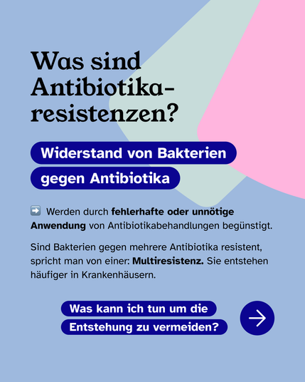 Text auf buntem Hintergrund. Das könnt ihr beachten!
Um die Entstehung von resistenten Keimen nicht zu begünstigen, solltet ihr: Eure*n Ärzt*in vollständig über vorhandene Erkrankungen, andere Medikamente, Allergien informieren. Ärztliche Vorschrift beachten: Richtige Dosierung, Zeitabstände und vollständige Einnahmedauer einhalten. Niemals Antibiotika mit anderen teilen oder von anderen übernehmen. Grundsätzlich niemals nur auf Verdacht einnehmen. Infekte müssen immer ärztlich abgeklärt werden!