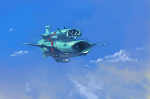 Digital painting of strange sci-fi jet with big gaping nacelle