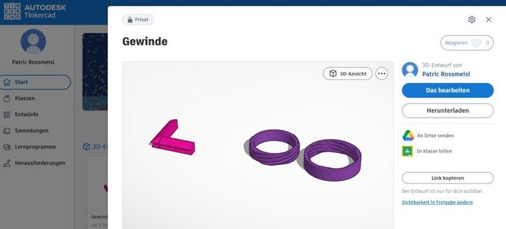 Screenshot der Programmoberfläche der Software Tinkercad