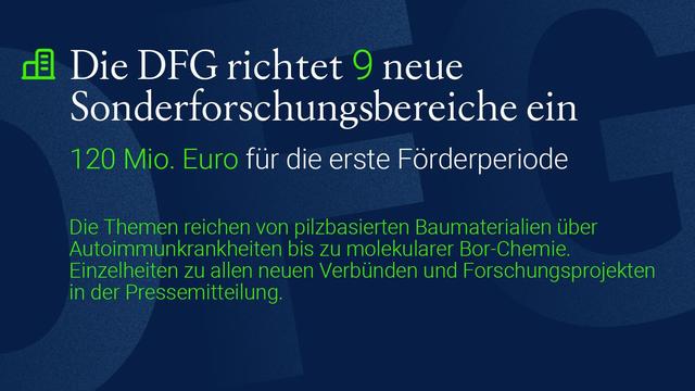 Die DFG richtet 9 neue Sonderforschungsbereiche ein, mit einer Förderung von 120 Mio. Euro für die erste Förderperiode. Ein neuer Verbund ist SFB/Transregio (TRR), getragen von mehreren Hochschulen. 32 Sonderforschungsbereiche, darunter 15 SFB/Transregio, werden verlängert.
