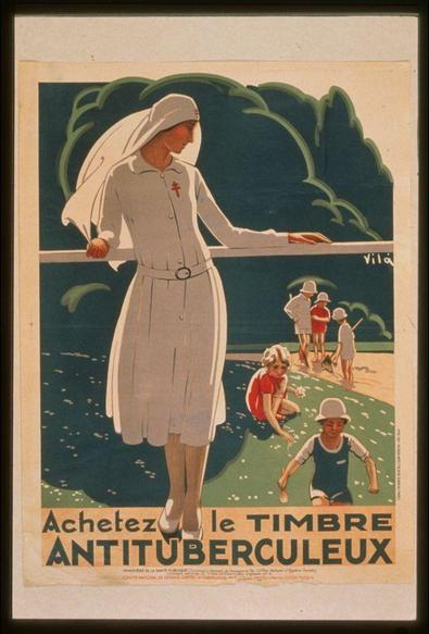 The image is a vintage poster from 1917, titled "Achetez le timbre antituberculeux." It depicts an illustration of a nurse in white attire with a red cross on her chest. She stands next to a railing overlooking a scene where children are playing by the water's edge and two men wearing hats appear to be observing them from afar.
The poster is predominantly colored, showcasing green trees, blue sky, and brown ground, which suggest an outdoor setting during daylight hours. The nurse is holding onto the railing with her left hand while resting it on a ledge or wall in front of her right arm. She has dark hair under her white headscarf but no visible facial features.
In the background scene, there are several children engaged in various activities such as swimming and walking along the edge of what appears to be a pond or river. Two men with hats can also be seen standing at some distance from each other behind one of the women who is observing them. The overall atmosphere seems light-hearted and carefree.
The text on the poster reads "Achetez le timbre antituberculeux" which translates to "Buy the tuberculosis stamp." This implies that the purpose of this poster was likely an awareness campaign or fundraising effort for tuberculosis-related causes during World War I.