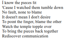 I know the pieces fit
“Cause I watched them tumble down
No fault, none to blame
It doesn't mean I don't desire
To point the finger, blame the other
Watch the temple topple over
To bring the pieces back together
Rediscover communication

Schism ~ Tool