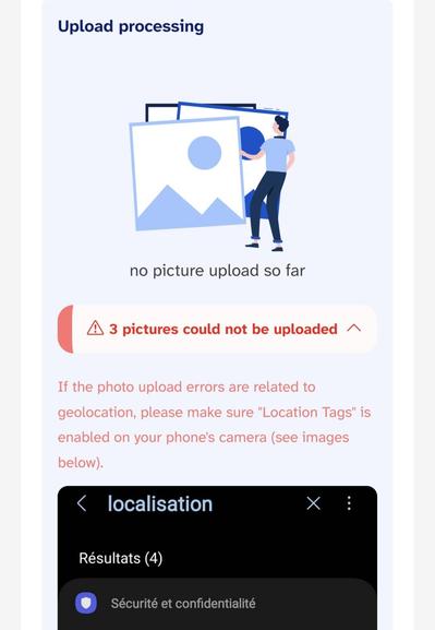Screenshot from Panoramax.fr upload saying no geo tags in the imagery.
3 captures could not be uploaded.