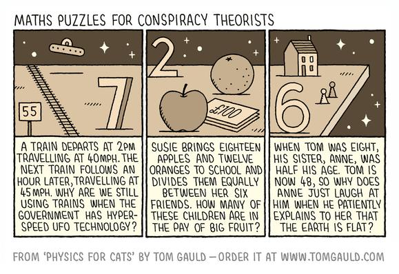 Title: Maths puzzles for conspiracy theorists.

1. A train departs at 2pm Travelling at 40mph. The next train follows an hour later, travelling at 45 mph. Why are we still using trains when the government has hyper-speed ufo technology? 

2. Susie brings eighteen Apples and twelve Oranges to school and divides them equally Between her six Friends. How many of these children are in the pay of big fruit? 

3. When Tom was eight, his sister, anne, was half his age. Tom is now 48, so why does Anne just laugh at him when he patiently explains to her that the earth is flat?

From 'Physics for Cats' by Tom Gauld - order it at www.tomgauld.com