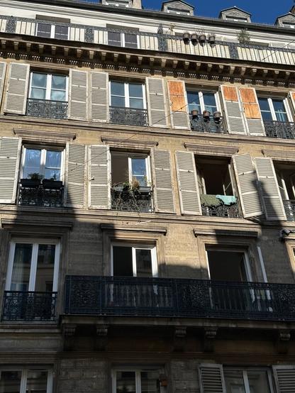 the side of a Parisian apartment building, with floor-height windows with (open) wooden shutters. Most have shallow wrought-iron balconies, many of which sport pot plants, though there is a more substantial balcony in the middle. A few of the windows/doors are open, revealing the darkened interiors.