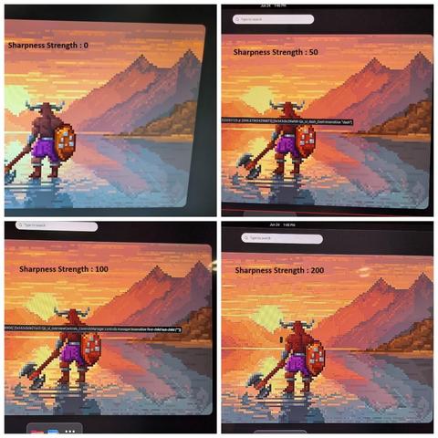 Коллаж из четырех скриншотов, демонстрирующих разный уровень настройки уровня резкости («Sharpness Strength») на видеоигре с пиксельной графикой. На всех кадрах изображен викинг, стоящий в воде на фоне горного заката. Скриншоты подписаны значениями: 0 (слева сверху, изображение мягкое), 50 (справа сверху), 100 (слева снизу) и 200 (справа снизу), показывая прогрессивное увеличение четкости границ пикселей от размытого до очень резкого.