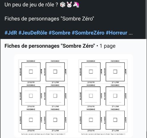 Un peu de jeu de rôle ? 🎲🐰🦄

Fiches de personnages "Sombre Zéro"

#JdR #JeuDeRôle #Sombre #SombreZéro #Horreur ... https://www.linkedin.com/posts/gabriel-chandesris_fiches-de-personnages-sombre-z%C3%A9ro-activity-7397602429460037632-UkzO