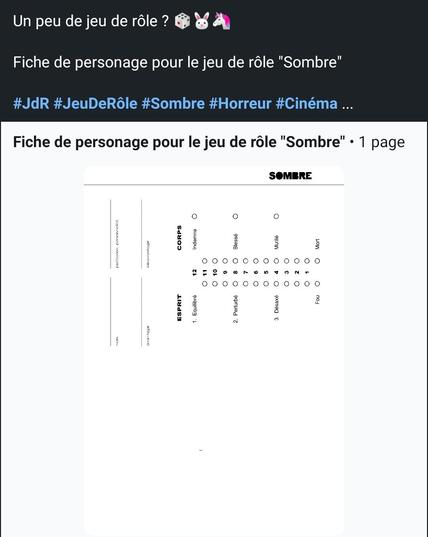Un peu de jeu de rôle ? 🎲🐰🦄

Fiche de personage pour le jeu de rôle "Sombre"

#JdR #JeuDeRôle #Sombre #Horreur #Cinéma ... https://www.linkedin.com/posts/gabriel-chandesris_fiche-de-personage-pour-le-jeu-de-r%C3%B4le-sombre-activity-7397605963375067136-7ZZK
