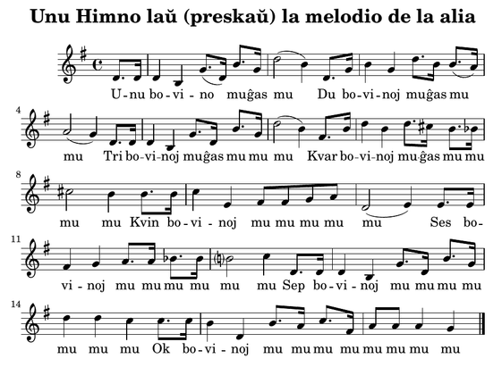 Partituro de La Espero, sed kun la teksto de Dek Bovinoj.