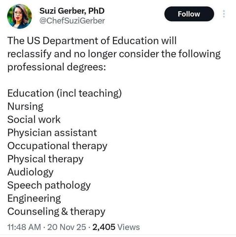 Screencap via Bsky.

Reads:

@ChefSuziGerber
Follow

The US Department of Education will reclassify and no longer consider the following professional degrees:

Education (incl teaching)
Nursing
Social work
Physician assistant
Occupational therapy
Physical therapy
Audiology
Speech pathology
Engineering
Counseling & therapy

11:48 AM • 20 Nov 25 • 2,405 Views
