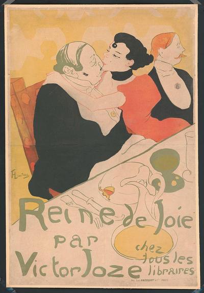 The image depicts a vintage advertisement poster for the book "Reine de Joie" by Victor Joze, which translates to "Queen of Pleasure." The artwork is signed at the bottom right corner as Henri Laurens. It shows three stylized female figures in different poses and attire against an ochre background with hints of shadowing.

The central figure appears to be a young woman seated on someone's lap, wearing a black outfit with orange accents around her neck, and she seems content or possibly asleep. To the right stands another women dressed in red, suggesting a sense of liveliness or excitement as indicated by her stance and facial expression; however, it might also reflect tension due to an open mouth that could be interpreted humorously.

The third figure is positioned behind the first woman with dark hair tied up high, wearing what seems like formal attire. She appears more detached from the central scene but still maintains a presence through positioning herself above the main subjects.

The text on the poster reads "Reine de Joie par Victor Joze chez tous les libraires," which translates to “Queen of Pleasure by Victor Joze in all bookstores,” suggesting that it was widely distributed and available for purchase. The mention of Ancourt, Paris indicates where this advertising campaign originated.

This art piece is considered an example of the Art Nouveau style known as "Liberty" or "Art Liberty," characterized by its decor [...]