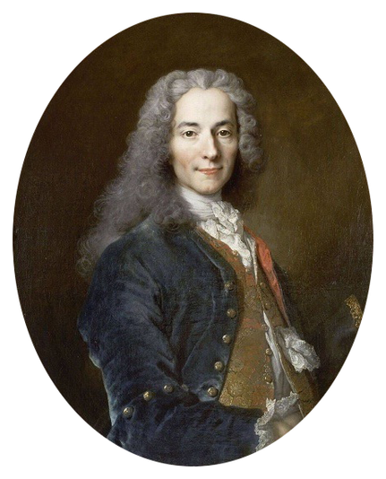Portrait de François-Marie Arouet dit Voltaire, de profil, souriant, portant une perruque et un costume bleu.